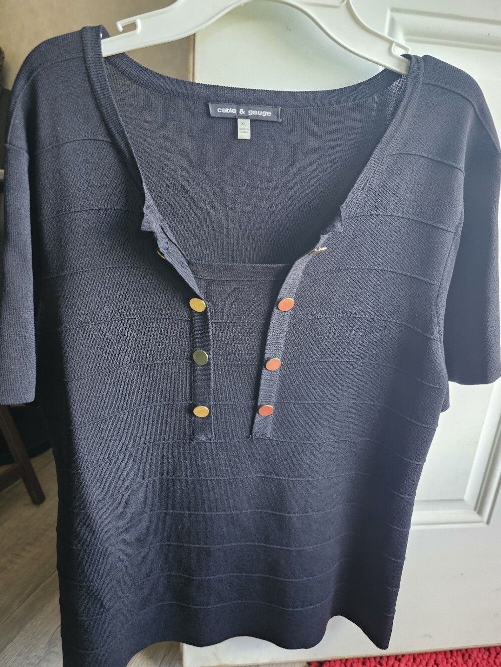 Cable & Gauge Black Short Sleeve Knit Top with Colorful Buttons